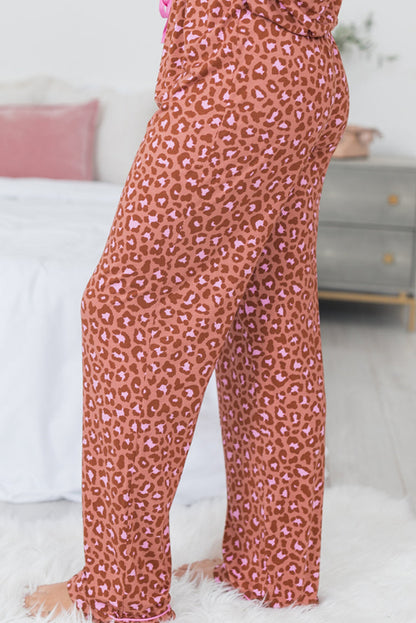 Leopard Print Short Sleeve Shirt And Pants Pajamas Set | Brown