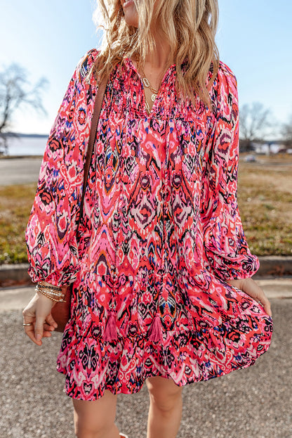 Abstract Printed Tassel Tied Neck Long Sleeve Ruffled Mini Dress | Rose