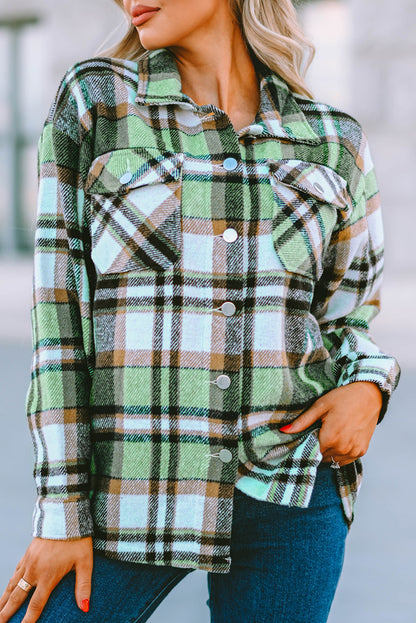 Geometric Plaid Print Pocketed Shacket | Green