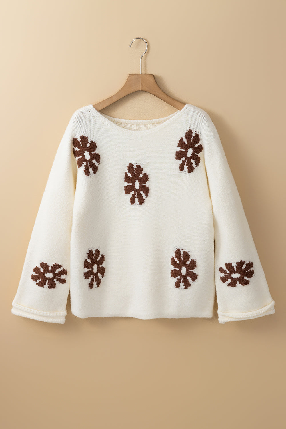 Colourblock Floral Pattern Round Neck Sweater | White