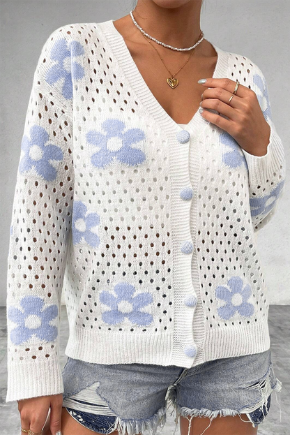 Flower Knit Hollow Out Open Short Cardigan | White