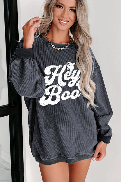 Corded Hey Boo Ghost Graphic Drop Shoulder Halloween Sweatshirt | Gray