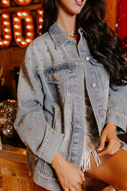 Rhinestone Embellished Flap Pocket Denim Jacket | Dusk Blue