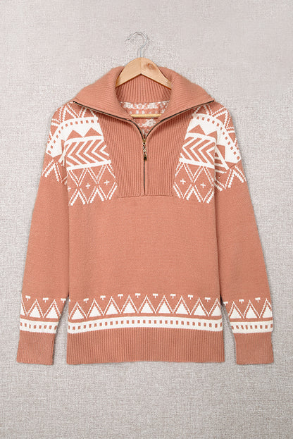 Geometry Knit Quarter Zip Sweater | Pink