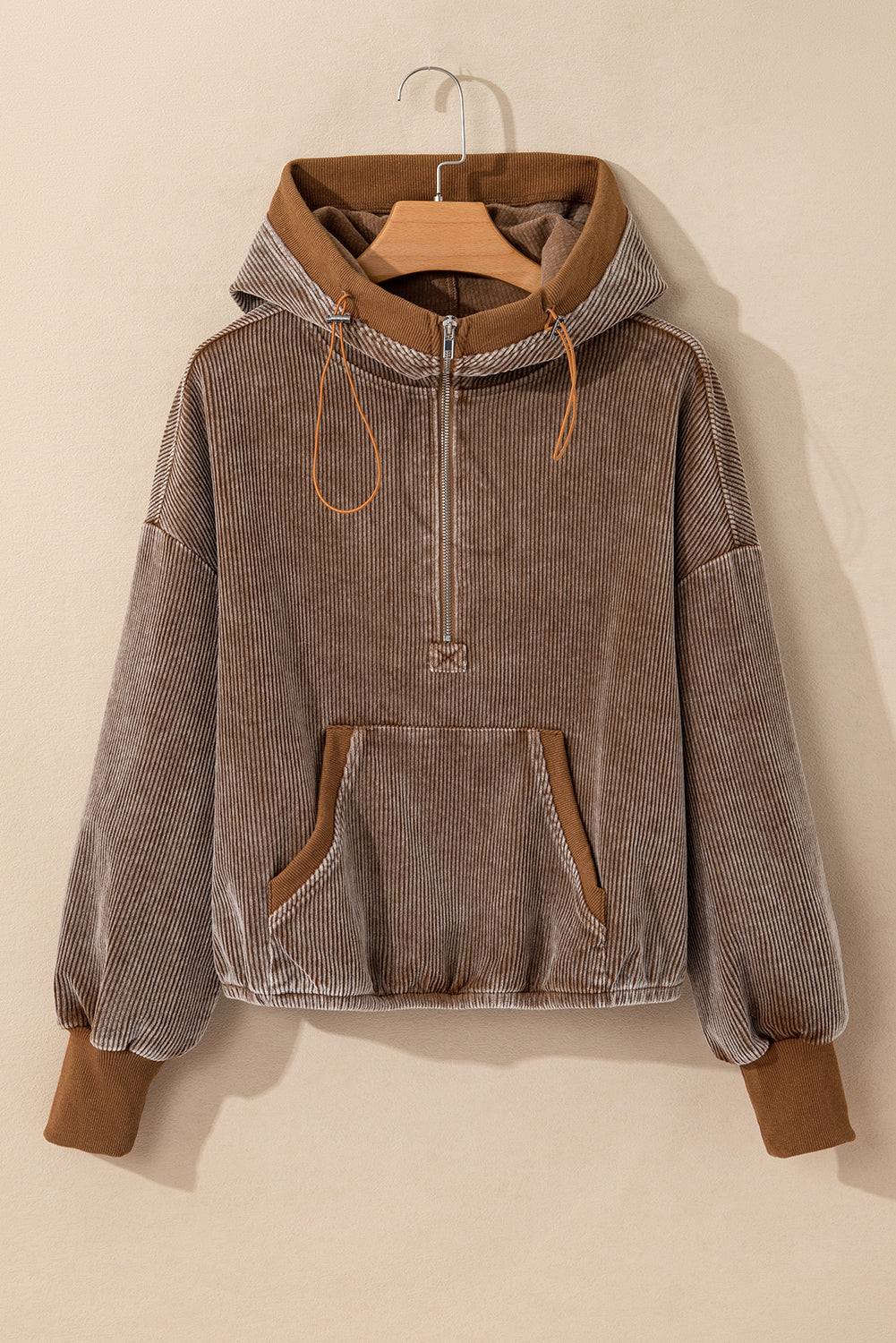 Half Zipper Kangaroo Pocket Drawstring Corduroy Hoodie | Chestnut