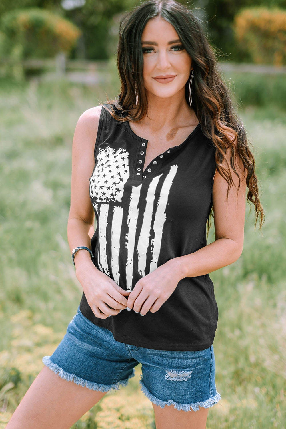 Usa Flag Graphic Split V Neck Tank Top | Black