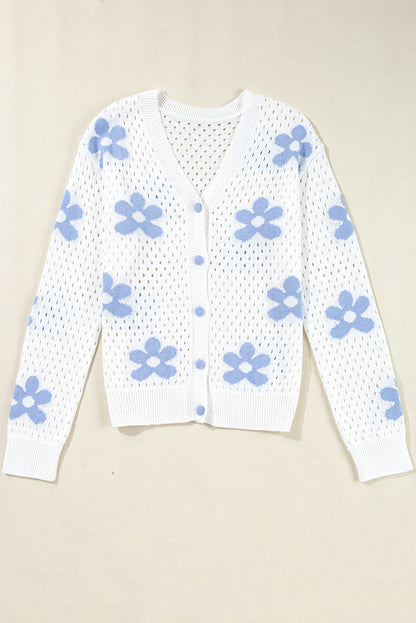 Flower Knit Hollow Out Open Short Cardigan | White