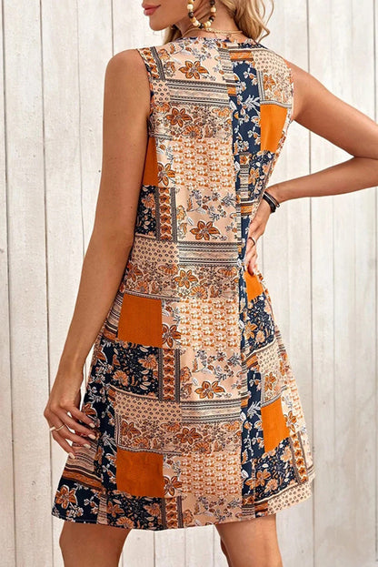 Retro Floral Patchwork Print Sleeveless Mini Dress | Orange