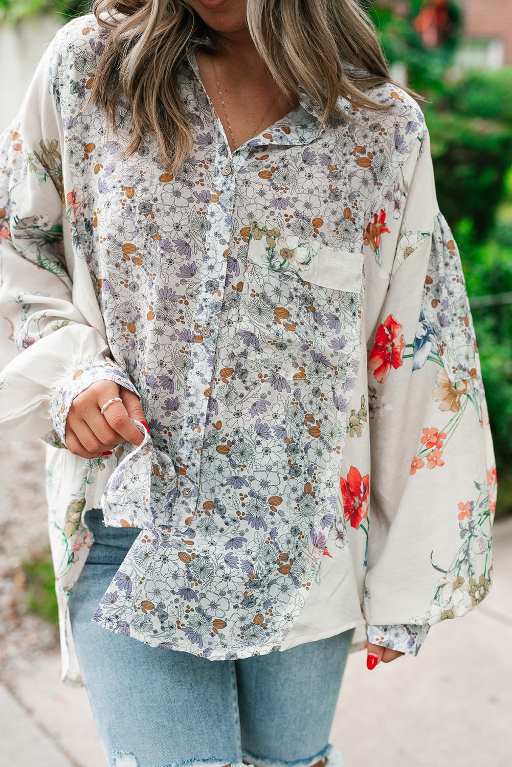 Boho Floral Bishop Sleeve Button Up Loose Shirt | Purple