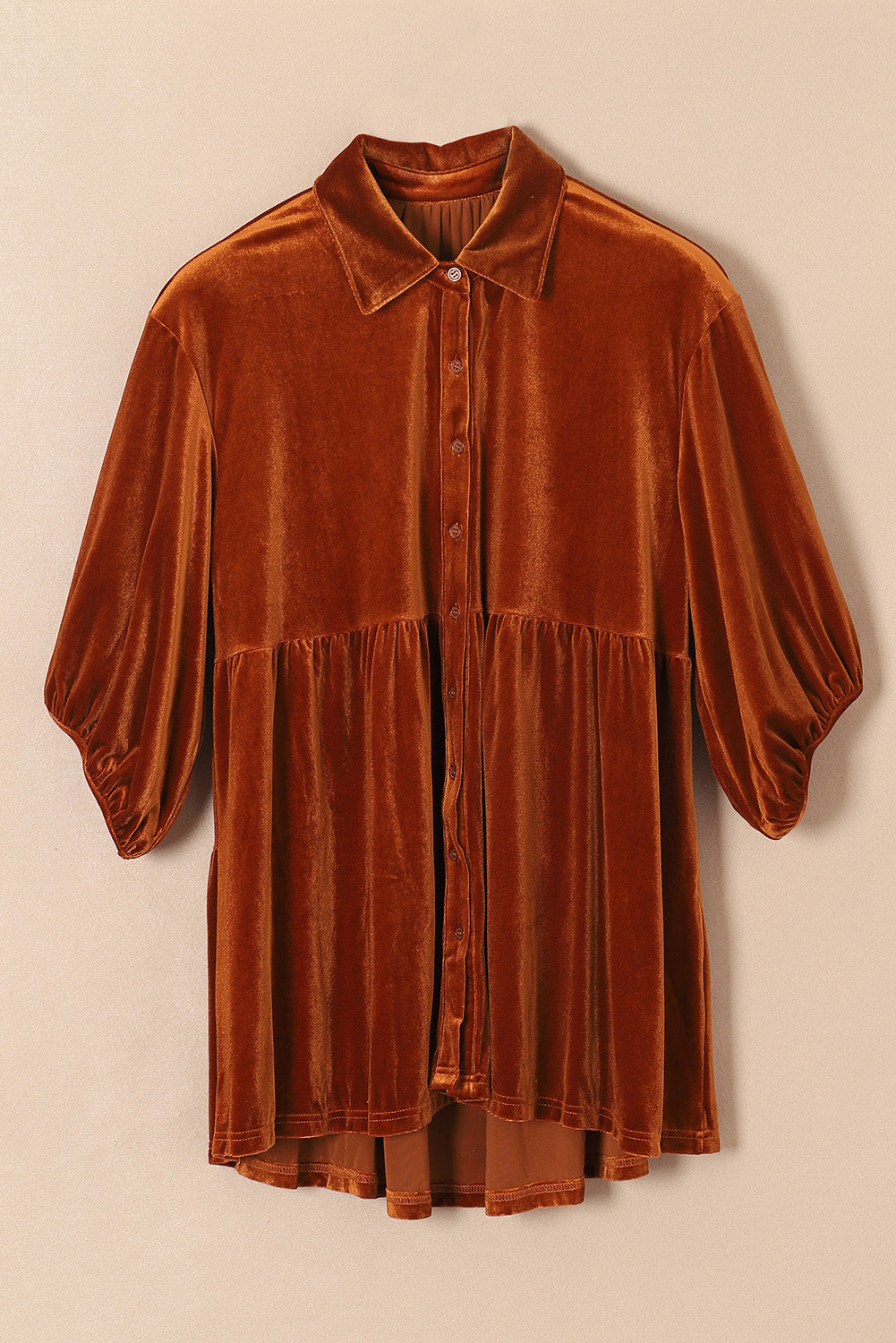 3/4 Sleeve Tunic Babydoll Velvet Shirt | Chestnut