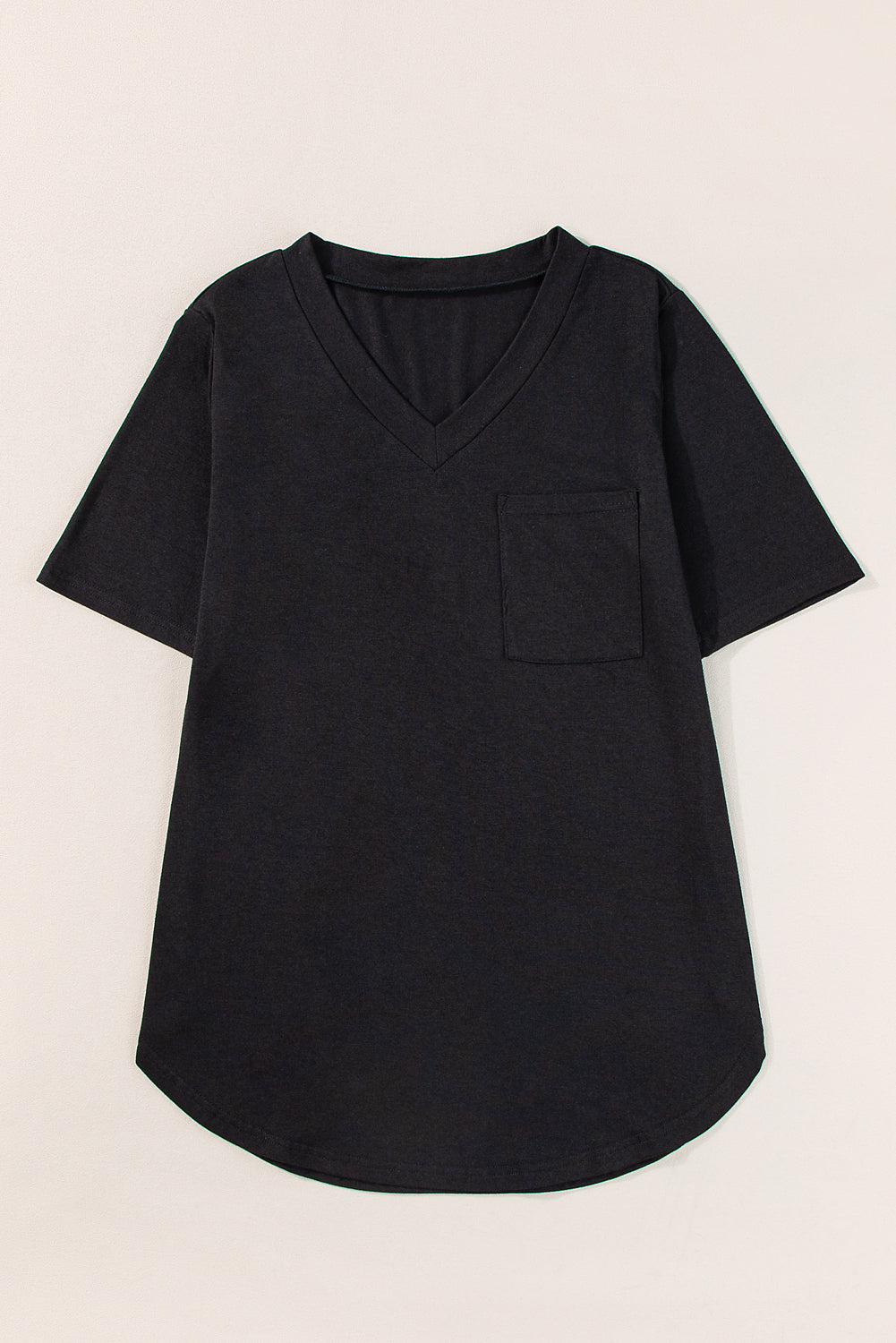 V Neck Pocketed Rounded Hem Tee | Black