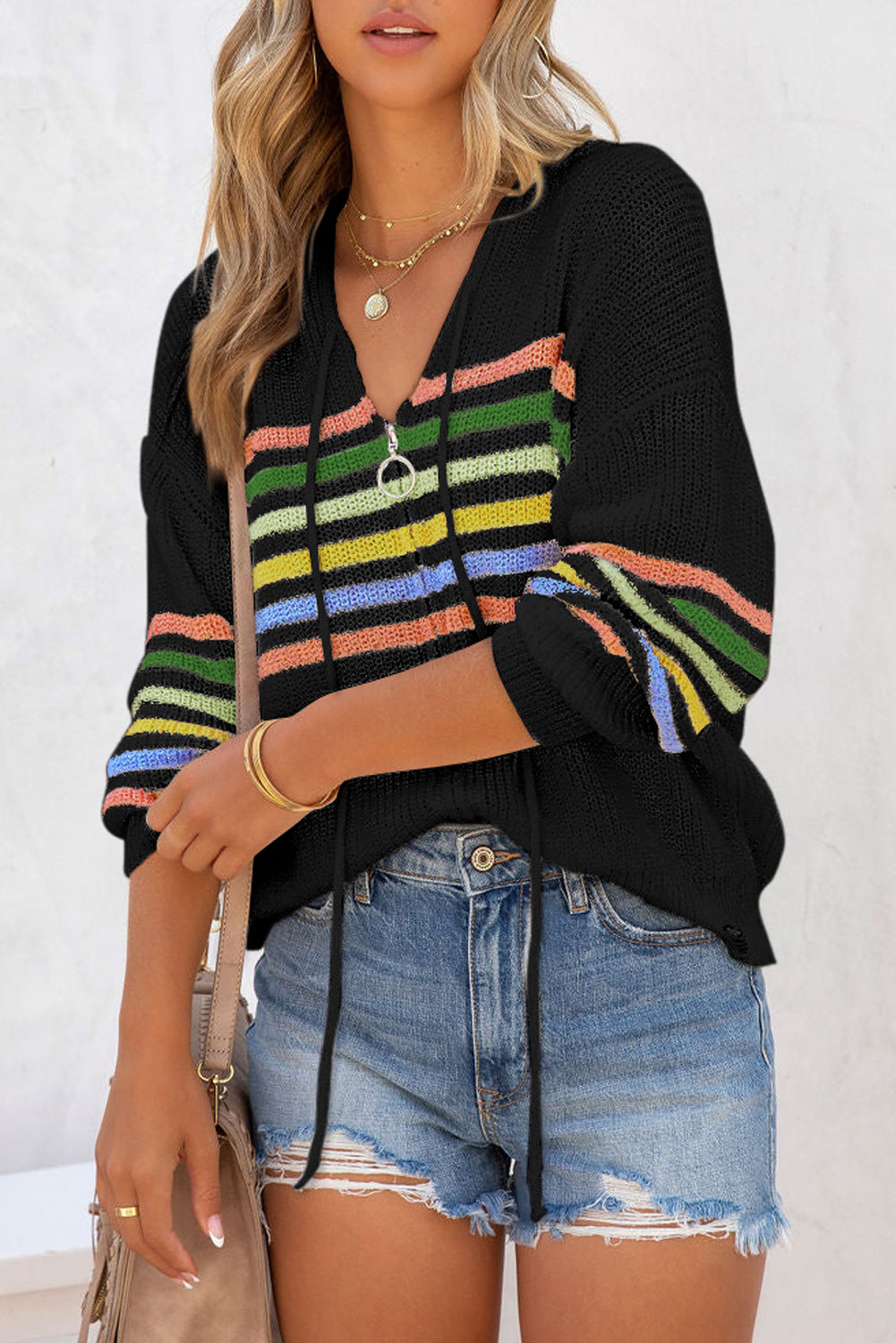 Striped Detail Zip Up Hooded Sweater Cardigan | Black