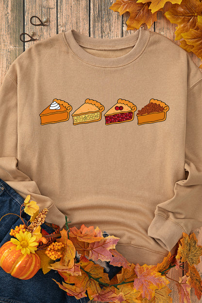 Thanksgiving Pie Print Drop Shoulder Sweatshirt | Khaki