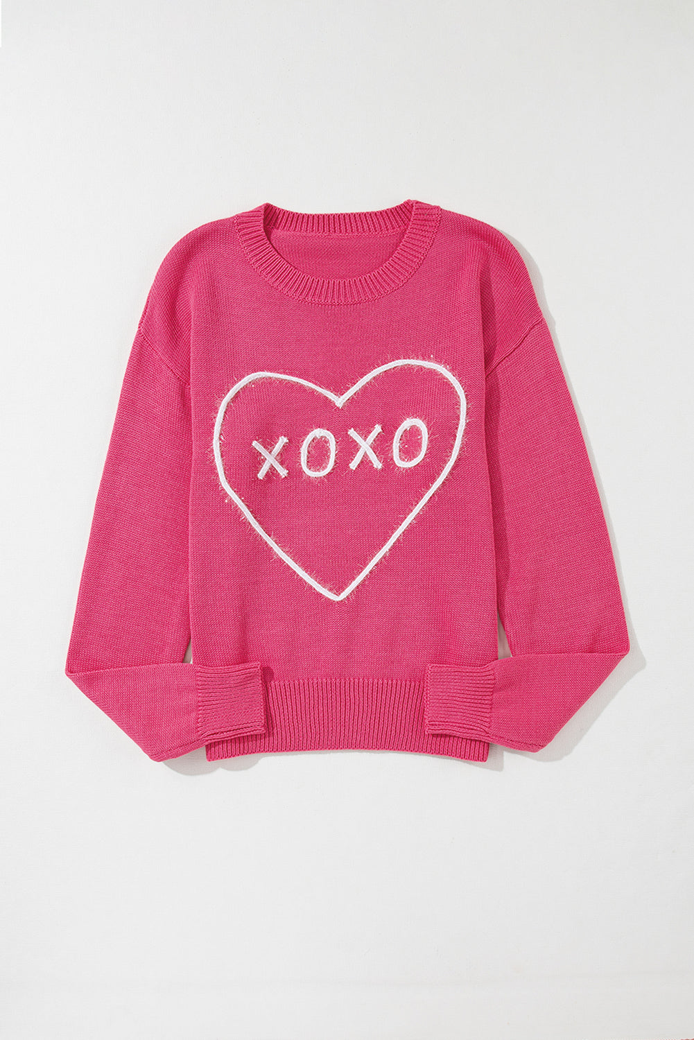 Heart Xoxo Pattern Drop Shoulder Rib Knit Sweater | Rose