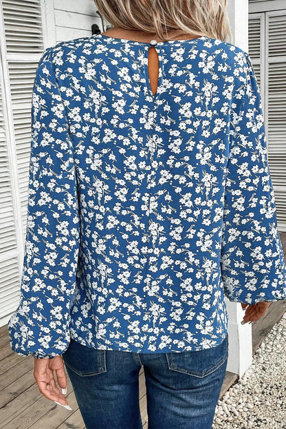 Ditsy Floral Print Lantern Sleeve Blouse | Blue