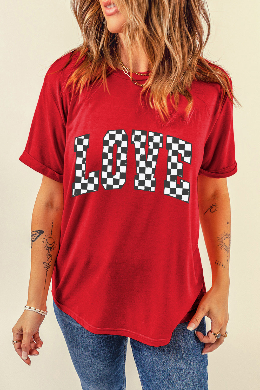 Checkered Love Letter Graphic Valentines T Shirt | Red