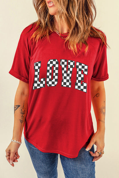 Checkered Love Letter Graphic Valentines T Shirt | Red