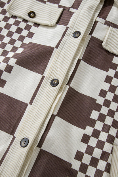 Checkered Print Patchwork Corduroy Shacket | Brown