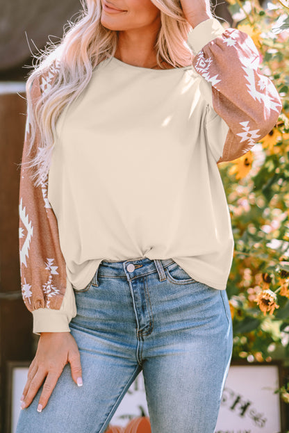 Western Print Patch Long Sleeve Top | Apricot