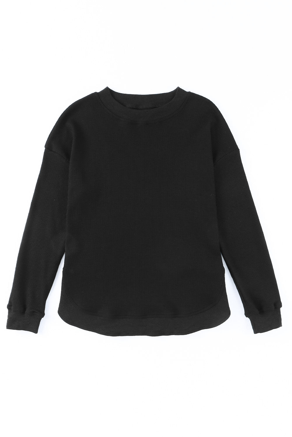 Crew Neck Ribbed Trim Waffle Knit Top | Black