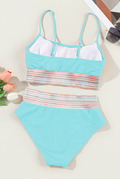 Striped Patchwork Spaghetti Strap High Waist Bikini Swimsuit | Sky Blue