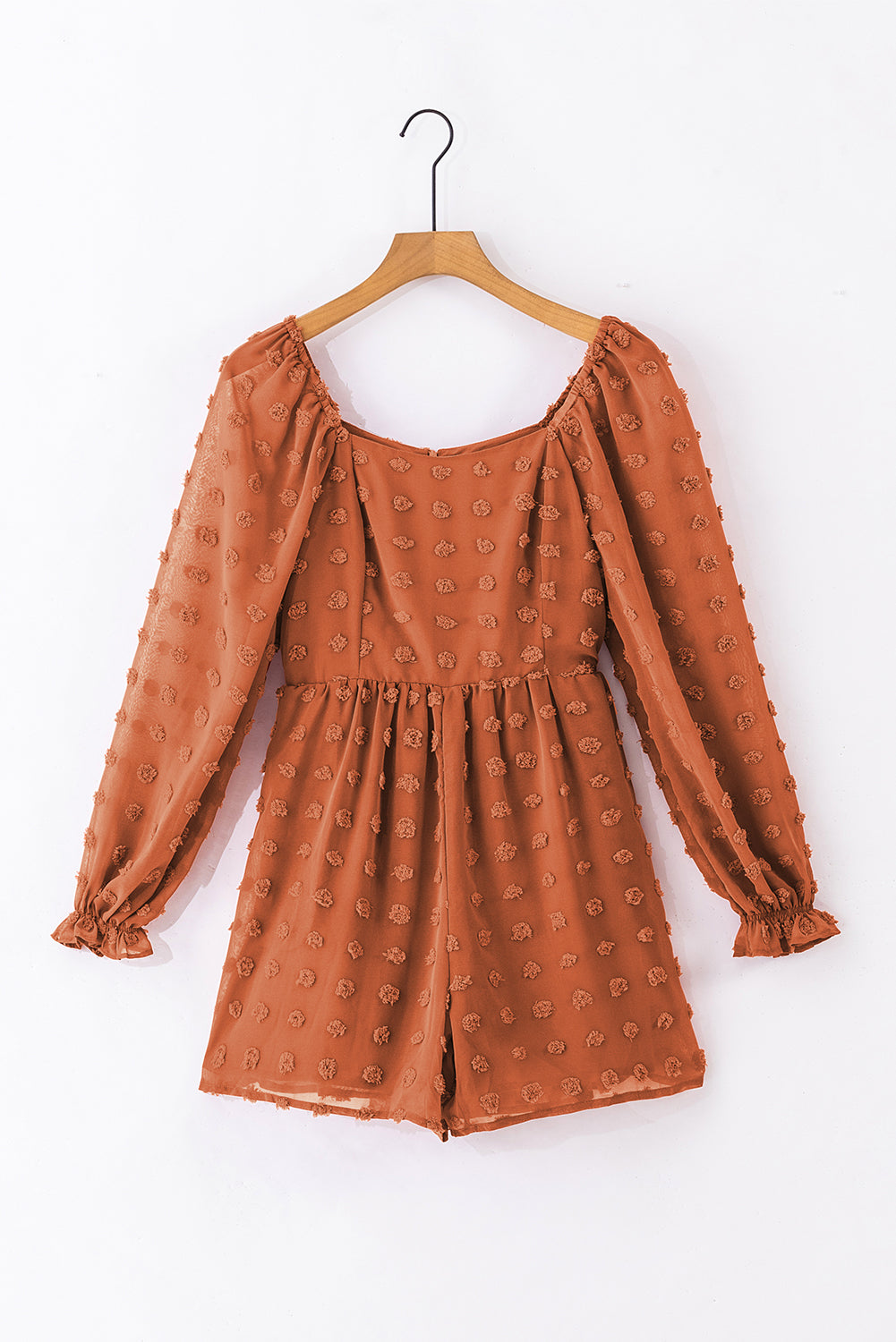 Swiss Dot Flounced Bubble Sleeve Square Neck Romper | Grapefruit Orange