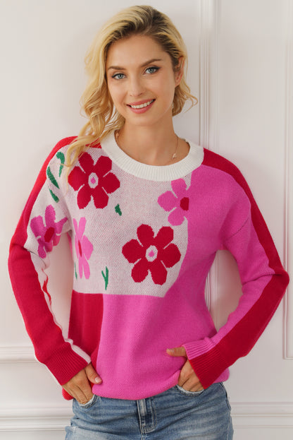 Floral Mixed Colour Block Sweater | Rose Red