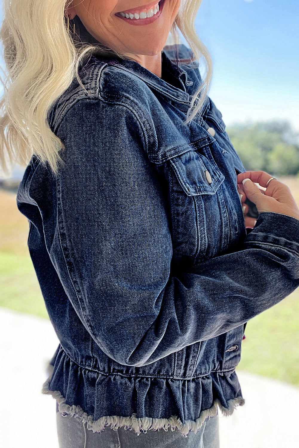 Ruffle Raw Hem Flap Pockets Denim Jacket | Navy Blue