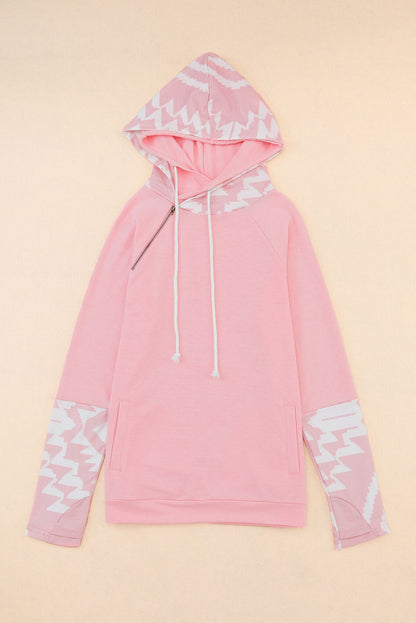 Aztec Print Patchwork Thumb Hole Hoodie | Pink