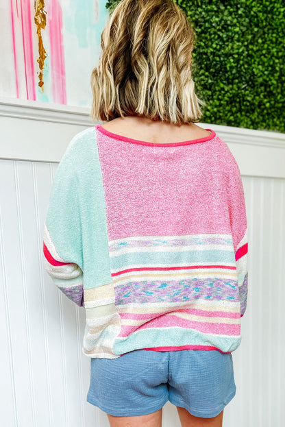 Colour Block Striped Three-Quarter Sleeve Knitted Top | Pink