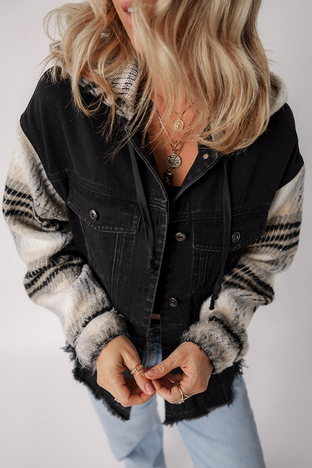 Plaid Sleeve Frayed Hem Hooded Denim Jacket | Black