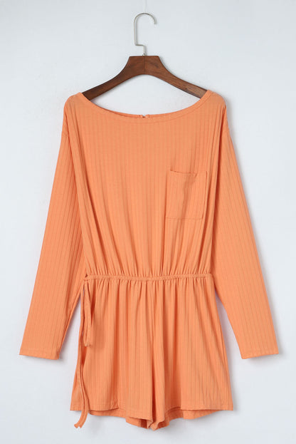 Ribbed Drawstring Waist Long Sleeve Romper | Orange