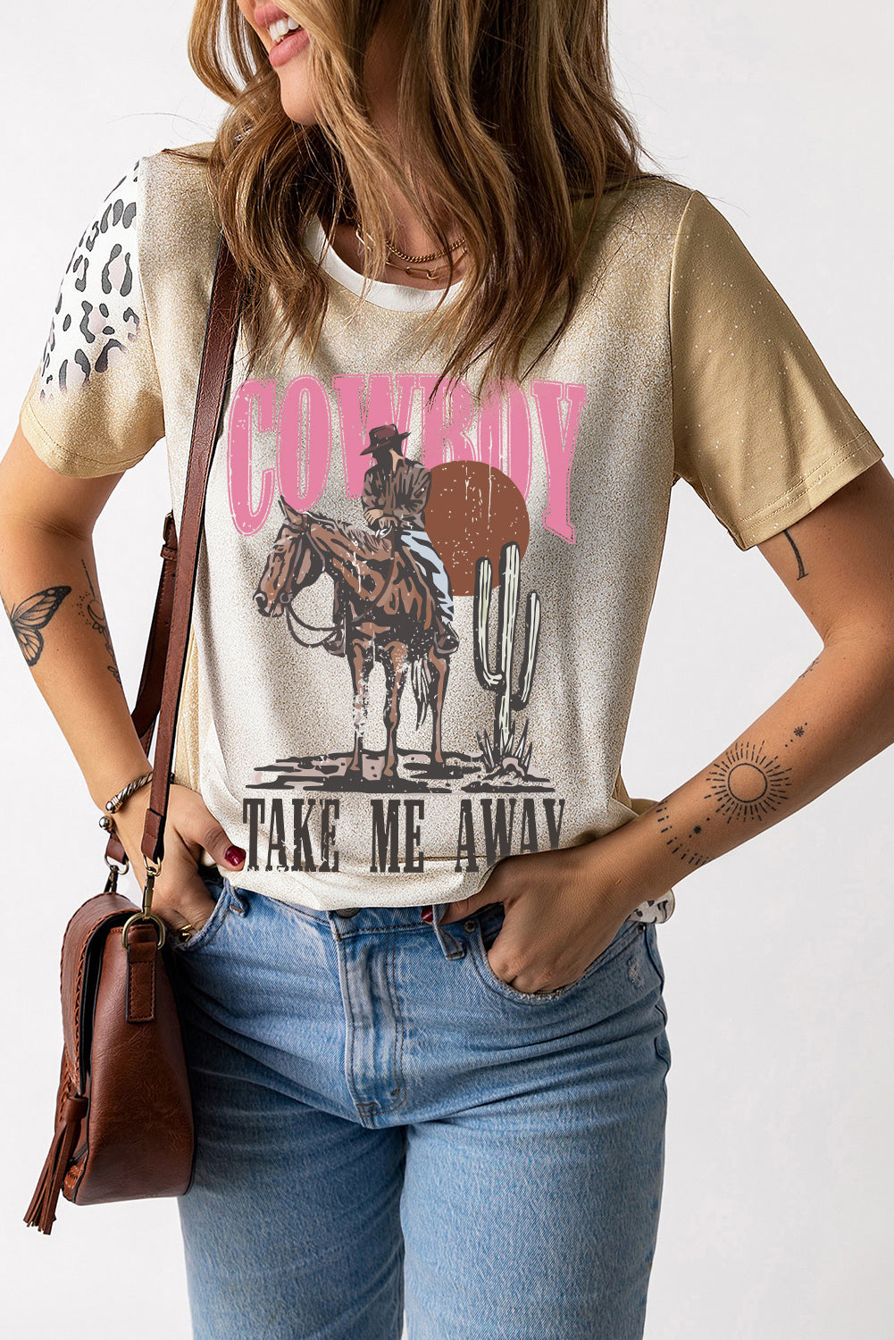 Western Cowboy Take Me Awya Bleached Graphic T Shirt | Khaki