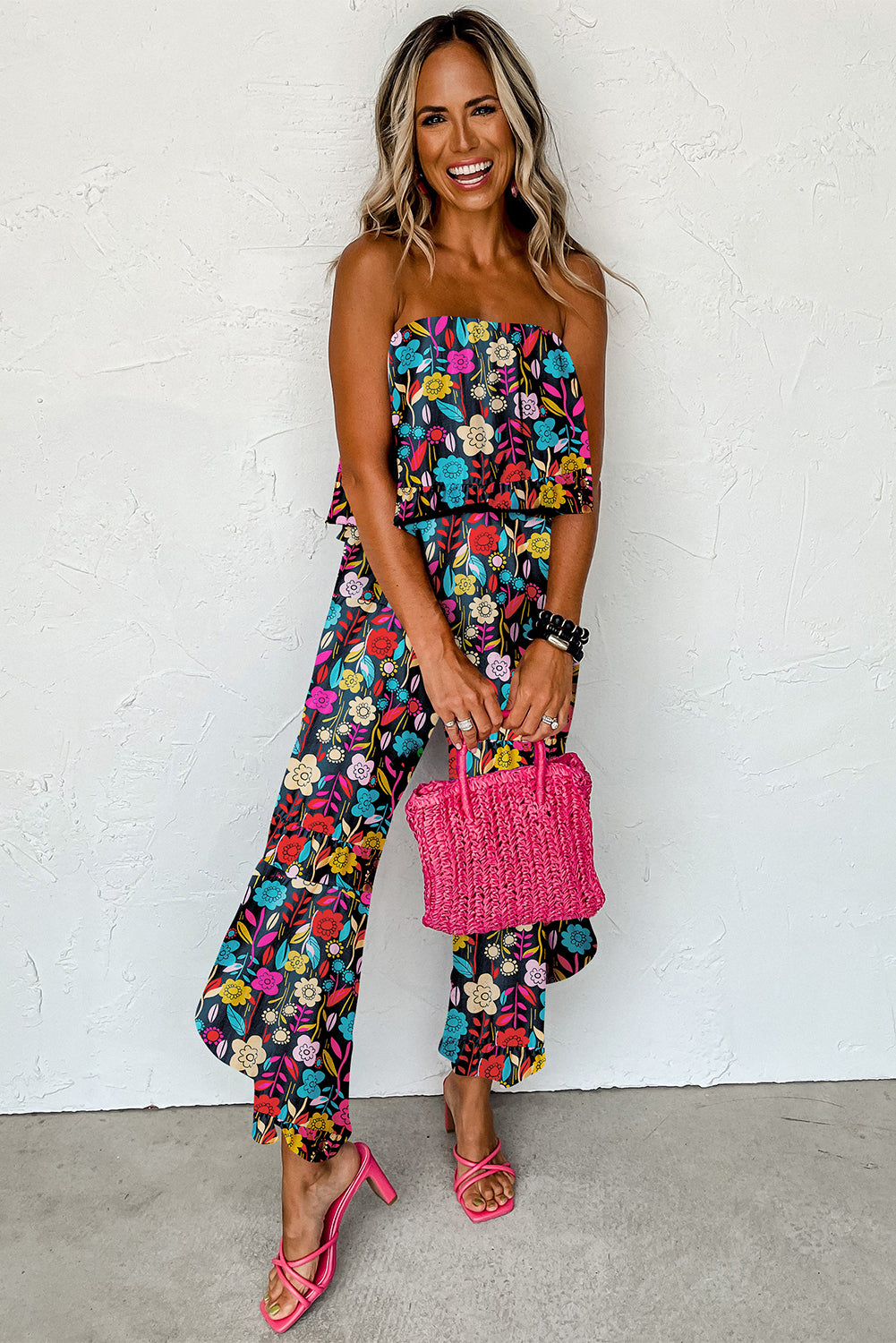 Mix Tropical Print Strapless Ruffled Jumpsuit | Red