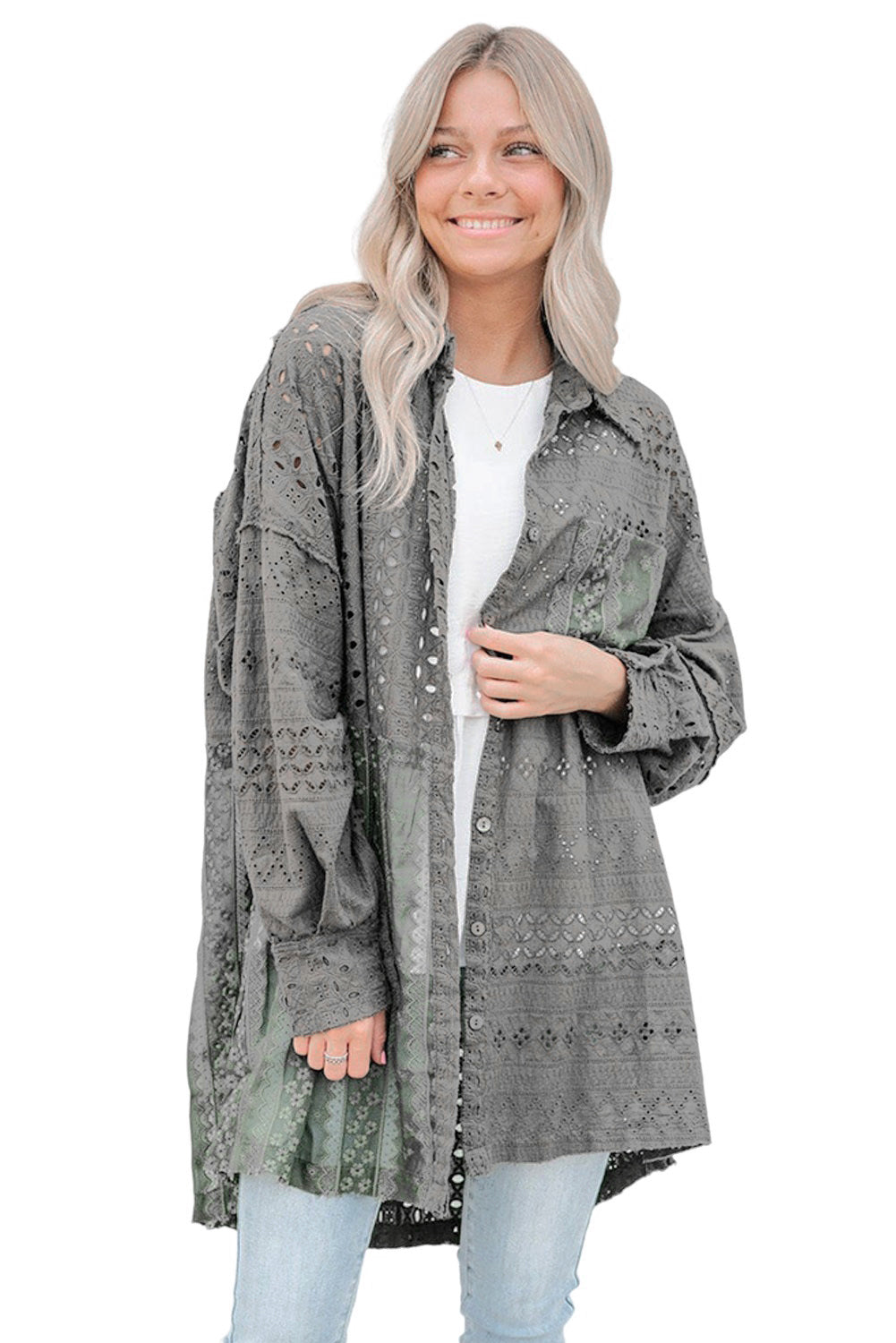 Eyelet Pattern Patchwork Oversized Button Up Shacket | Duffel Green