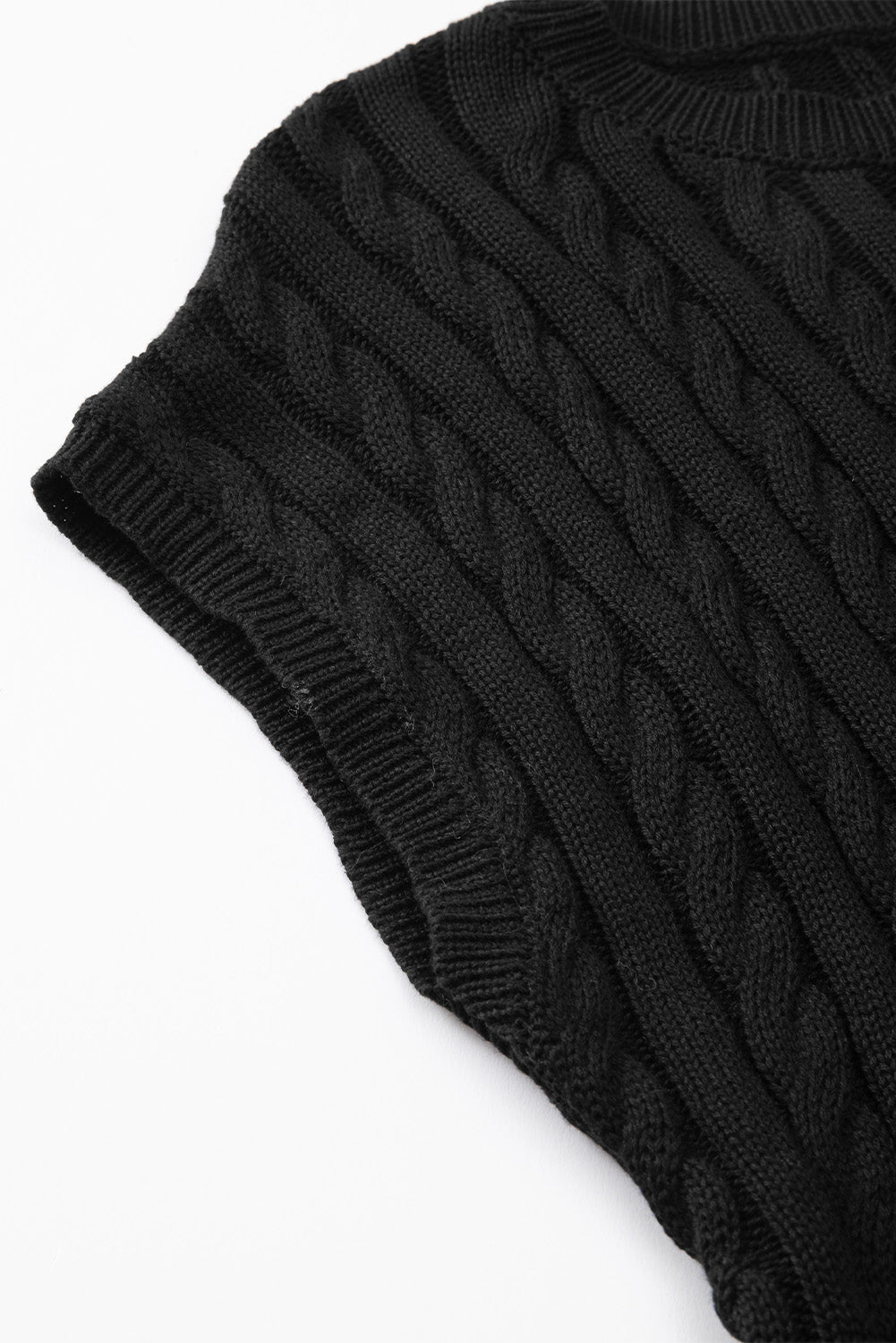 Crew Neck Cable Knit Short Sleeve Sweater | Black