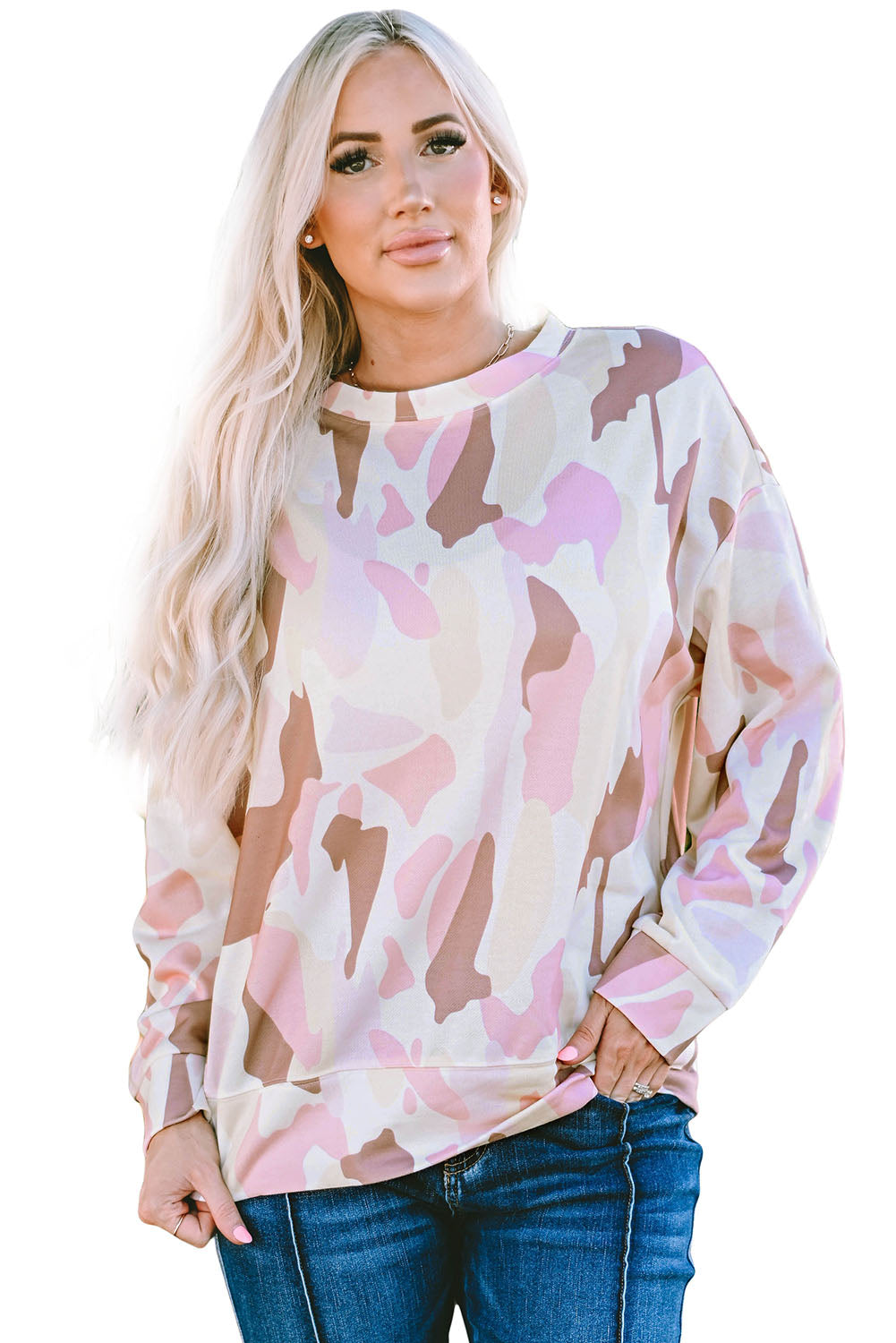 Geometric Print Crewneck Pullover Sweatshirt | Pink