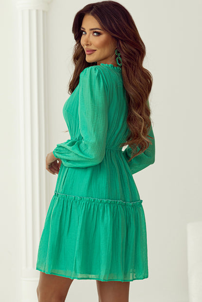 Frilly V Neck Puff Sleeve Drawstring Shift Mini Dress | Sea Green