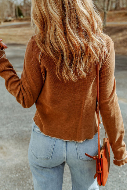 Textured Round Neck Long Sleeve Top | Brown