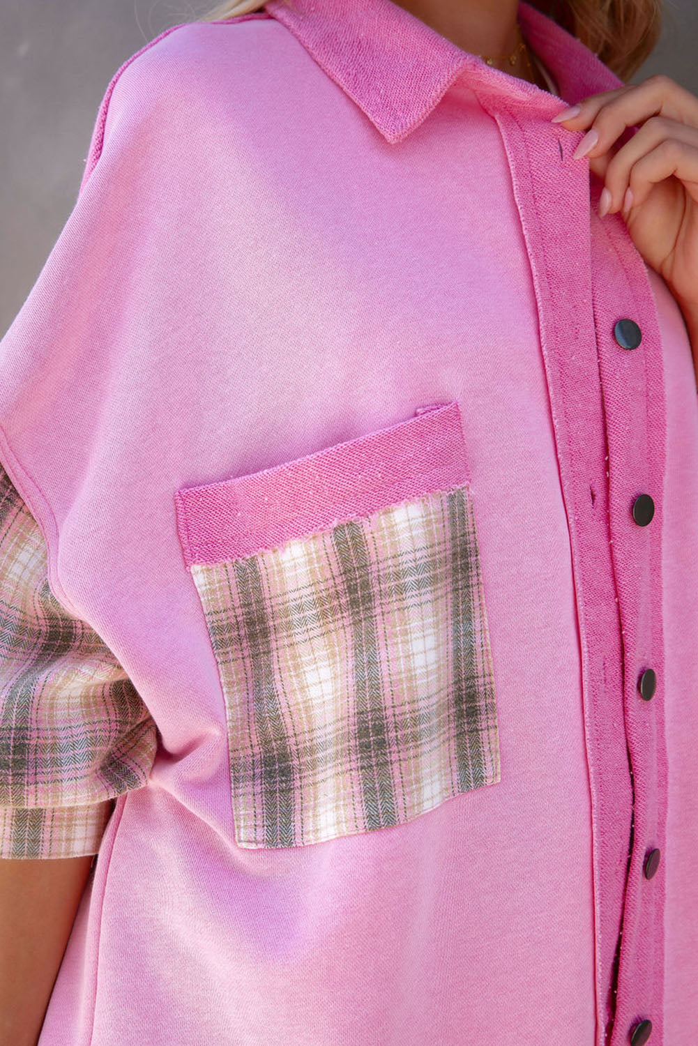 Plaid Patchwork Chest Pockets Oversized Shirt Jacket | Rose