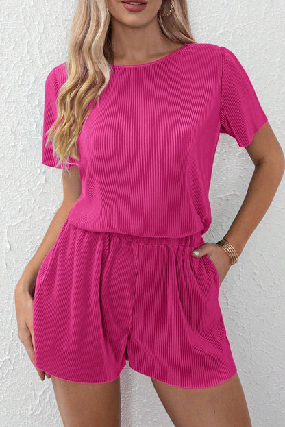 Casual Pleated Short Two-Piece Set | Bright Pink