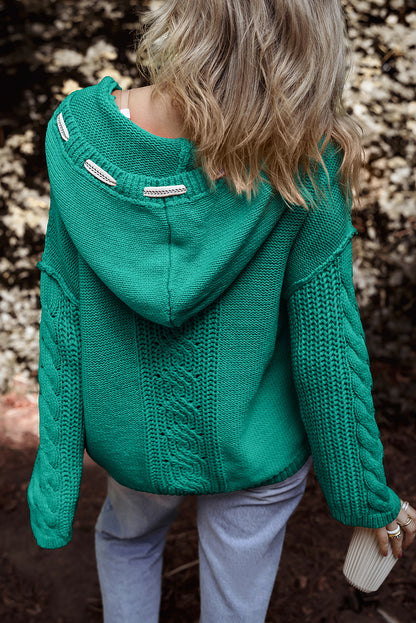 Cable Knit V Neck Contrast Drawstring Hooded Sweater | Sea Green