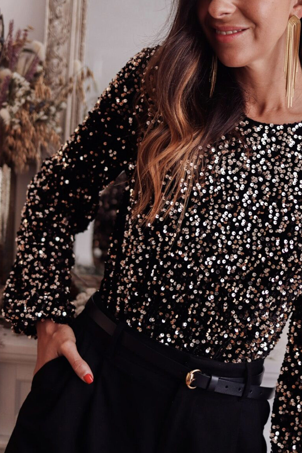 Deep V Back Sequin Puff Sleeve Bodysuit | Black