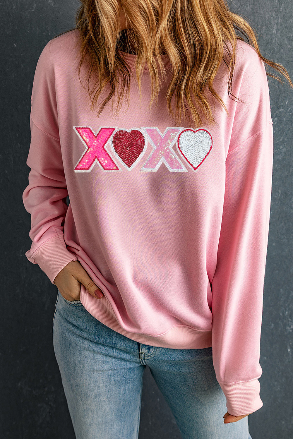 Sequin Heart Xoxo Graphic Drop Shoulder Valentines Sweatshirt | Pink