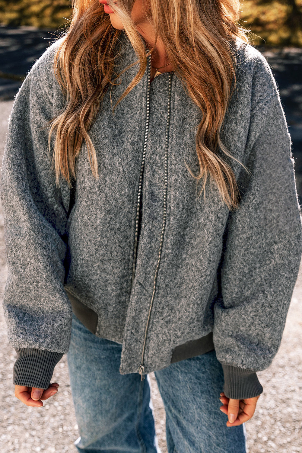 Fuzzy Zip Up Pocketed Sleeve Jacket | Medium Grey