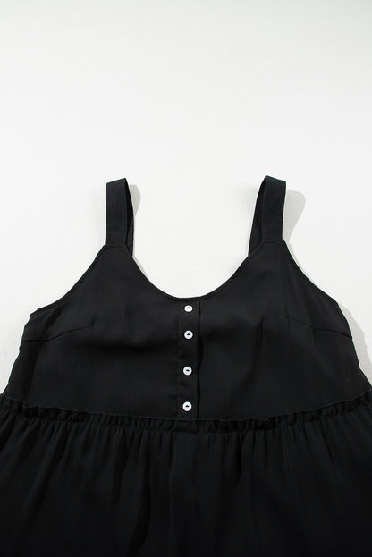 Button V Neck Frilly Tiered Sleeveless Dress | Black