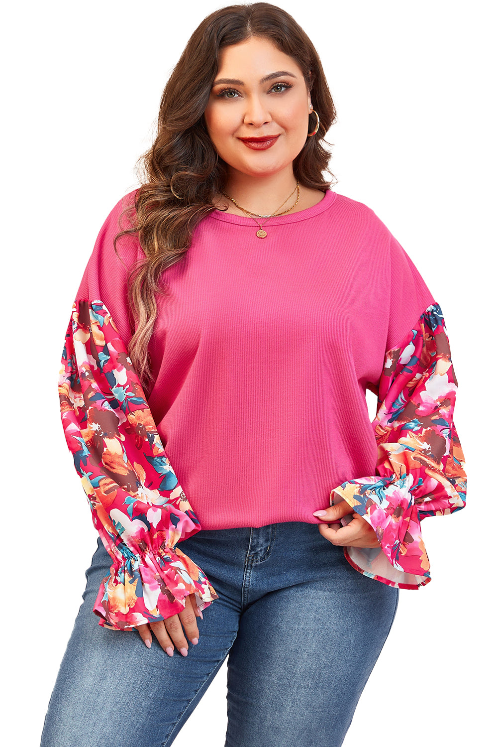 Floral Patchwork Flounce Sleeve Rib Knit Plus Top | Bright Pink