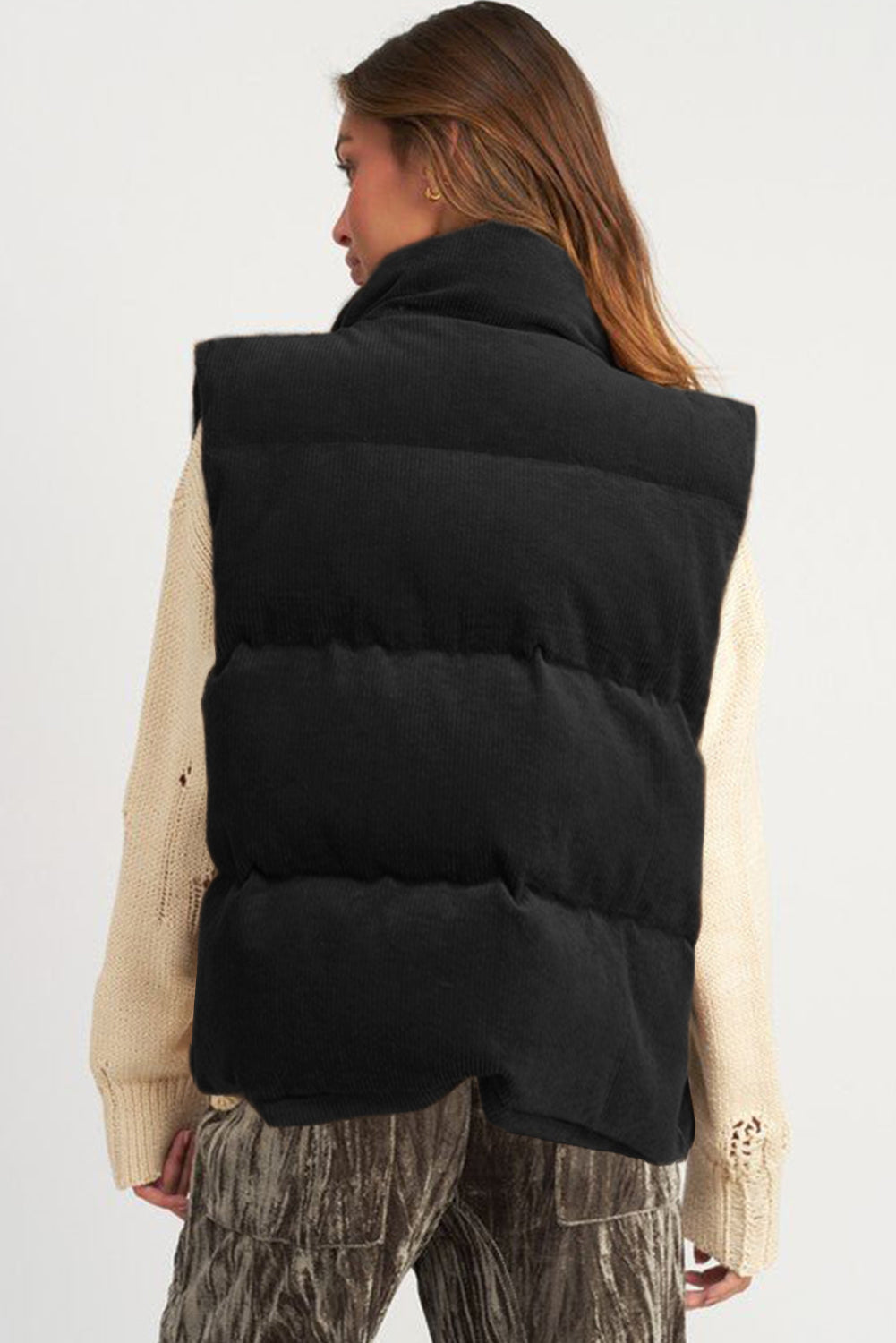 Corduroy Stand Neck Zipped Puffer Vest | Black