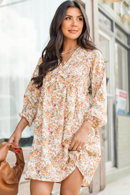 Boho Floral V Neck Ruffled Empire Waist Long Sleeve Mini Dress | Yellow