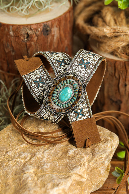 Western Pattern Turquoise Decor Lace-Up Pu Leather Hat Band | Light Blue